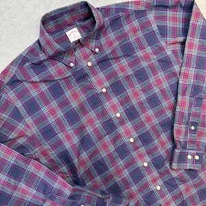 Brooks Brothers Shirt Mens Medium Navy Purple Plaid 346 Button Down Non Iron